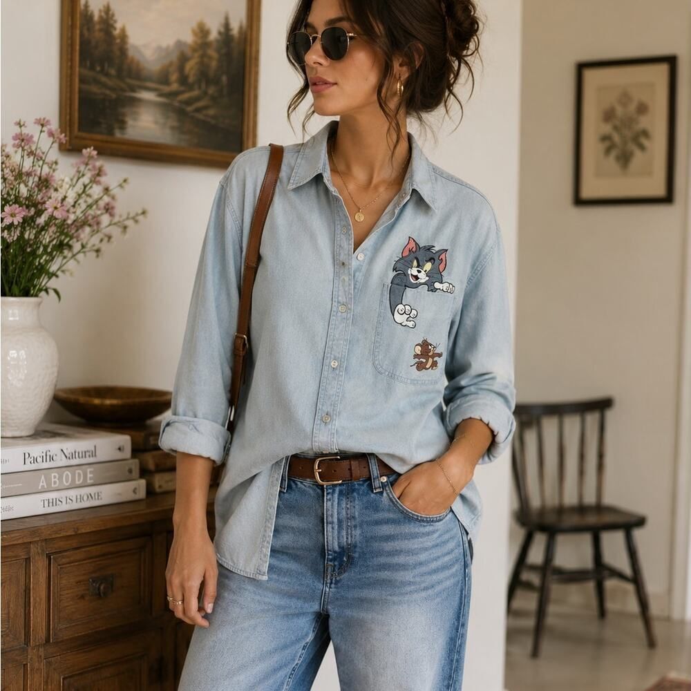 Tom & Jerry Vintage Retro Cartoon Size L Warner Bros Denim Shirt